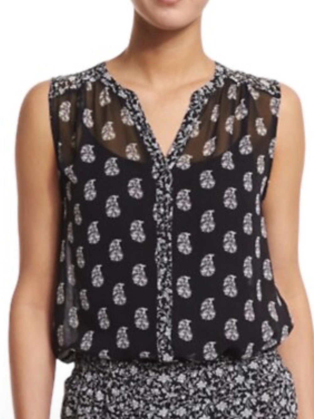 Joie Finnegan Silk Sheer Sleeveless Blouse XS Black White Floral Top Button